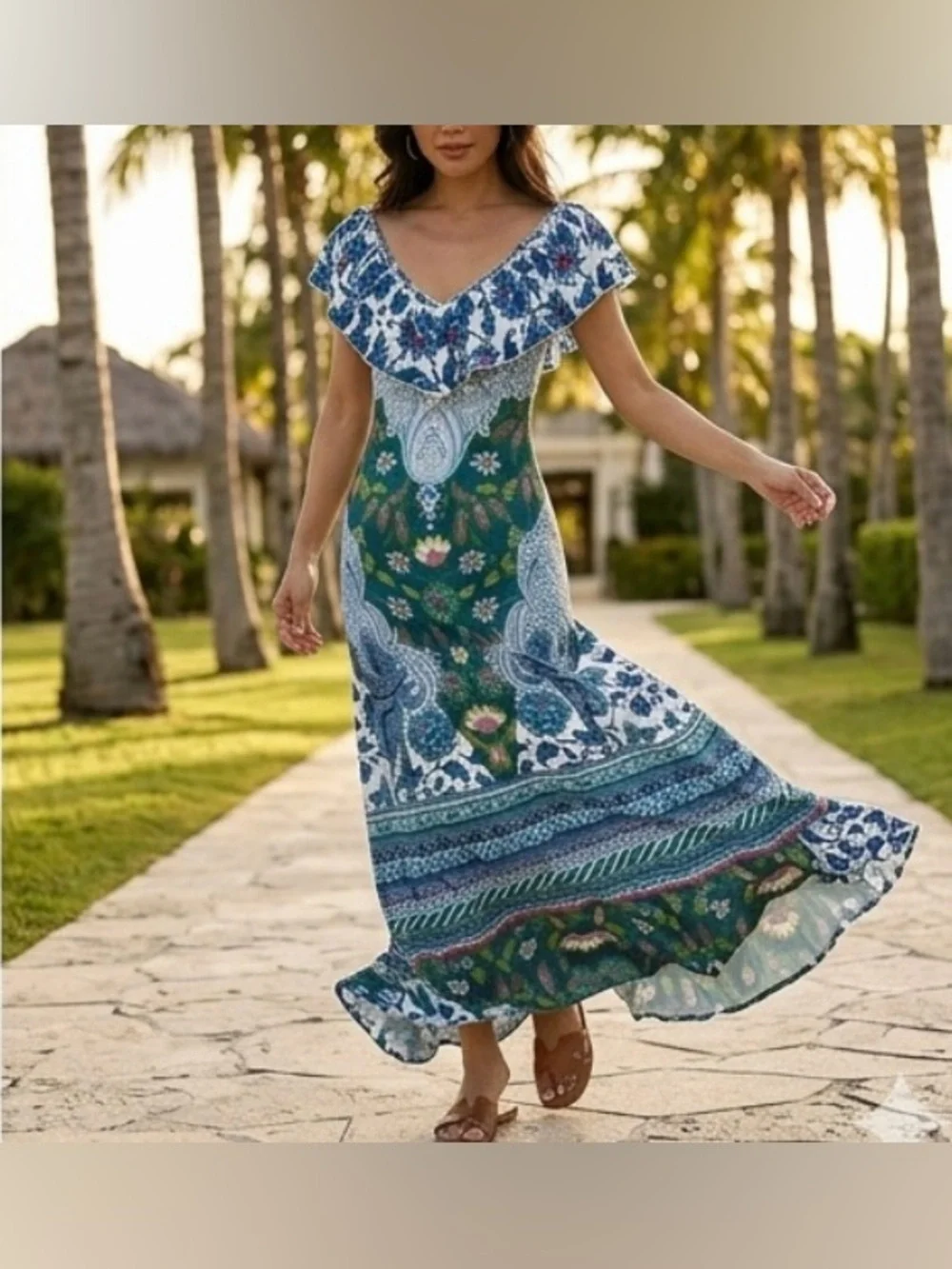 Hale Bob Floral Resort Maxi Dress XS Blue Green Ruffle Neck EUC